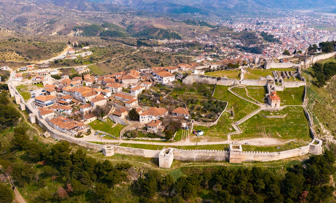 Albanian city Berat with view of castle walls