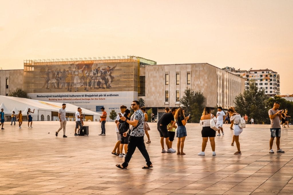 People walking Skanderbeg Square Tirana