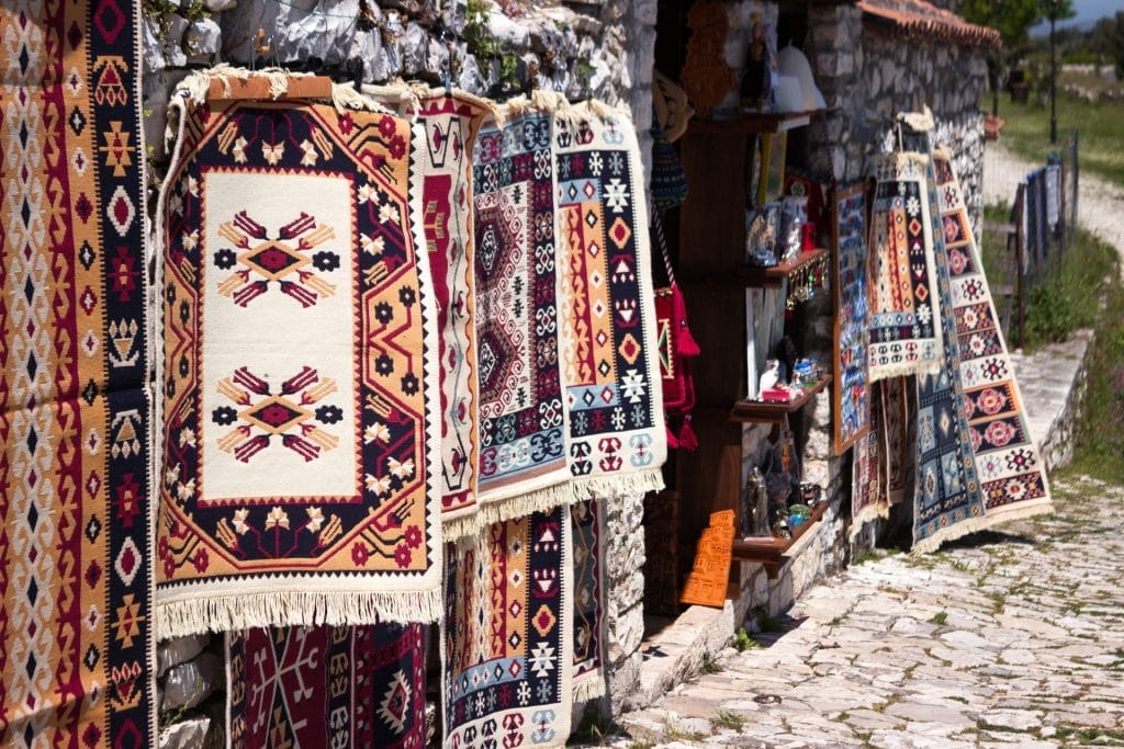 Traditional Albanian carpets for sale near the fortress in Berat. Albania Berat