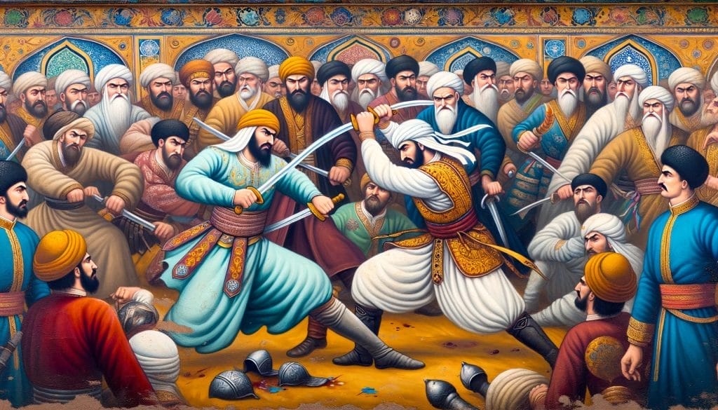 Skanderbeg in a fierce duel against a Tatar warrior at the Ottoman court