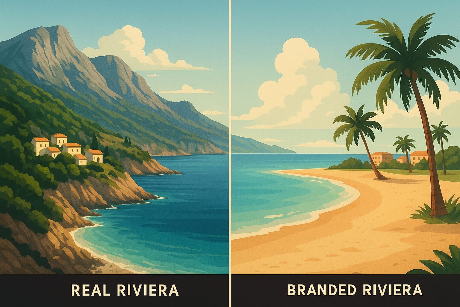 A visual comparison of a real Riviera (mountains meeting sea) and a branded Riviera (flat tropical beach), designed to clarify the distinction.