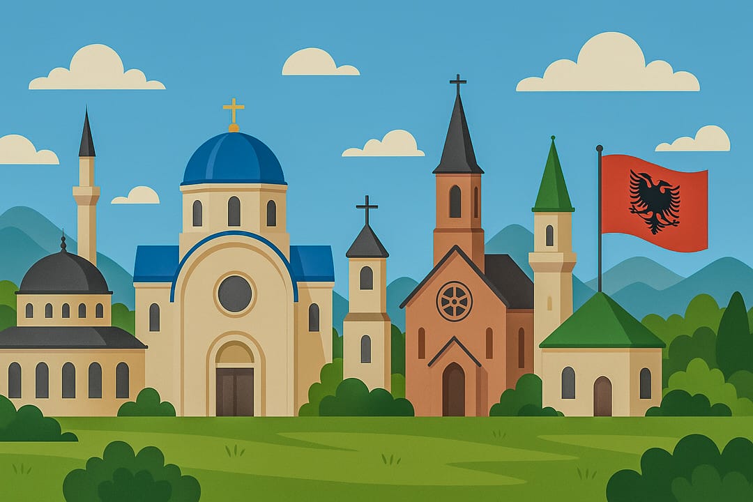 Illustration of mosques and churches symbolizing the religious Coexistence in Albania