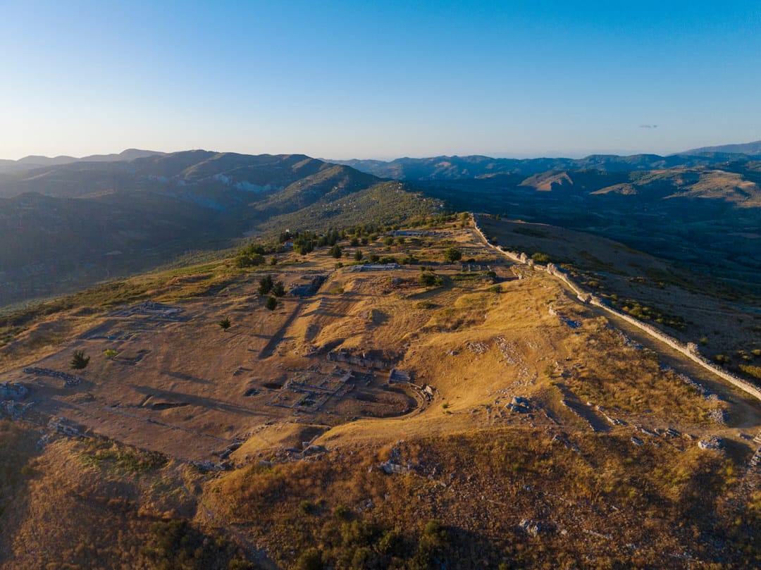 Sunset over the ruin of antic Illyrian city Bylis, Albania.